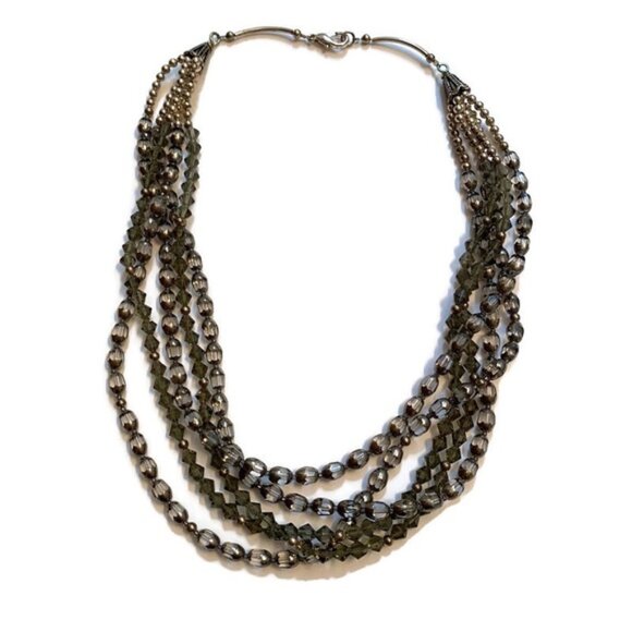 NECKLACE GRAY SILVER CRYSTALS BEADS 5 STRAND 20” - Picture 1 of 6